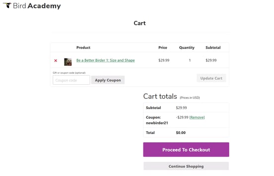 Screenshot of a Bird Academy checkout page. Don't forget to Apply Coupon!