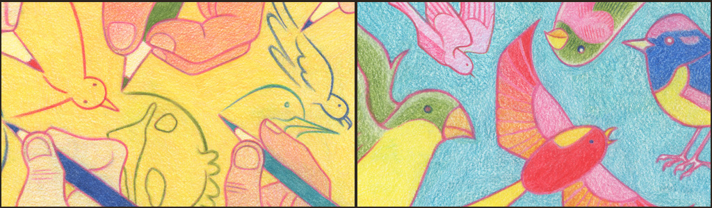 On the left, many hands draw different birds in a variety of styles. On the right, birds of all shapes and sizes fill the image.