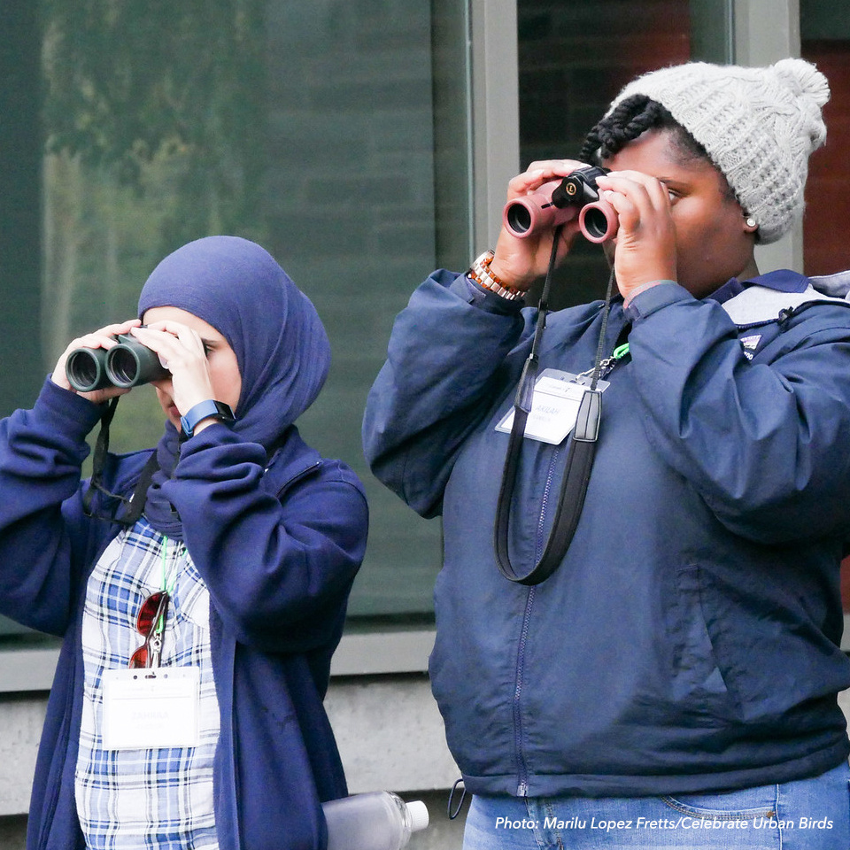 Two people look through binoculars